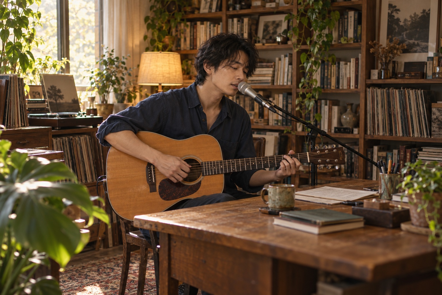 AI-created concept of an acoustic guitarist performing beside a desk and bookshelves