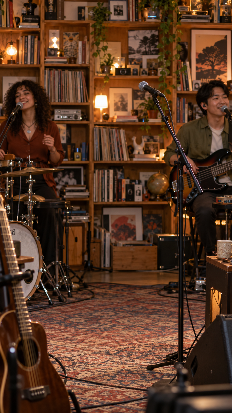 Scene reference of a vinyl-lined recording studio with an empty central microphone, a woman beside the drum kit on the left and a bassist on the right